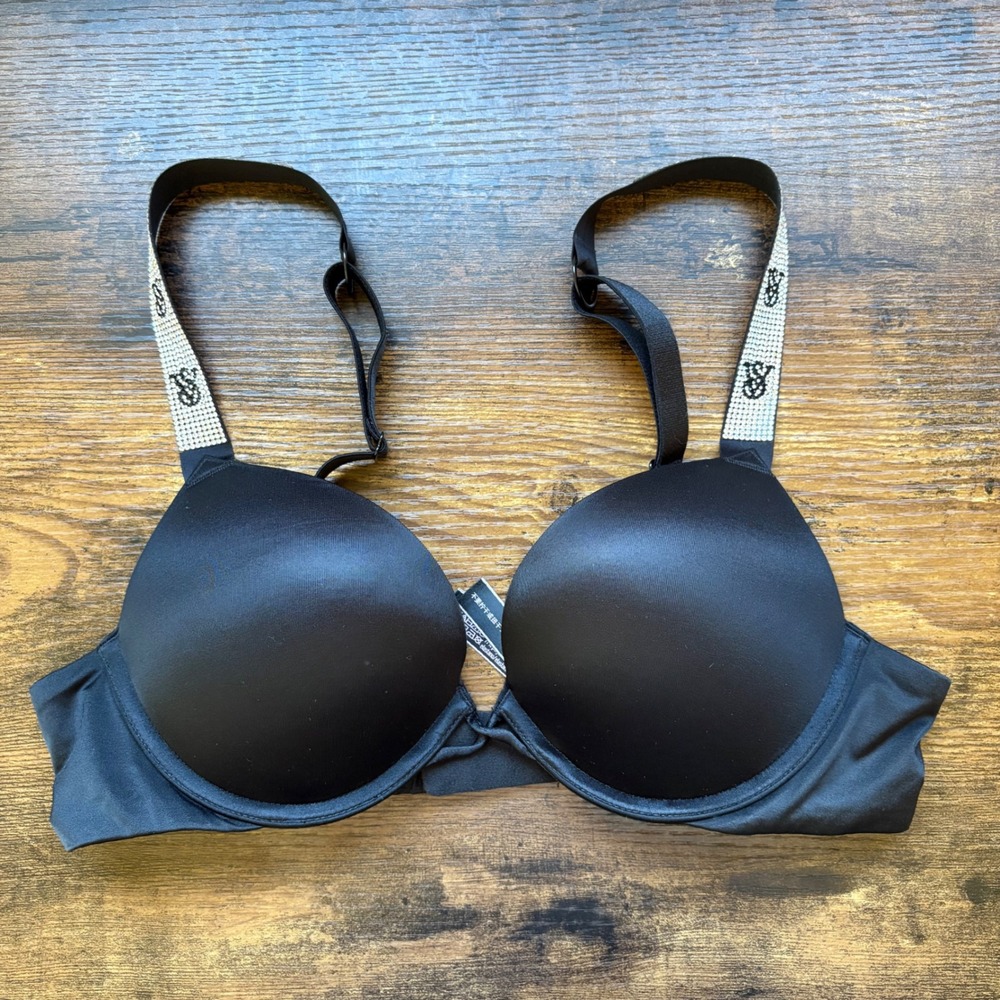 Victoria's Secret Bombshell Plunge Shine Strap Push-Up Bra Black 34A Rhinestone